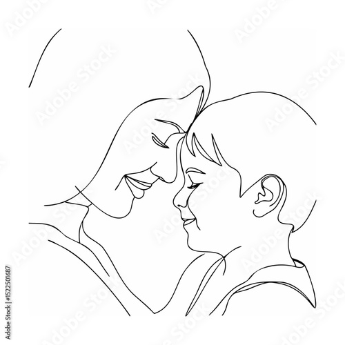 Simple elegant line art depicting a mother lovingly touching her child's forehead