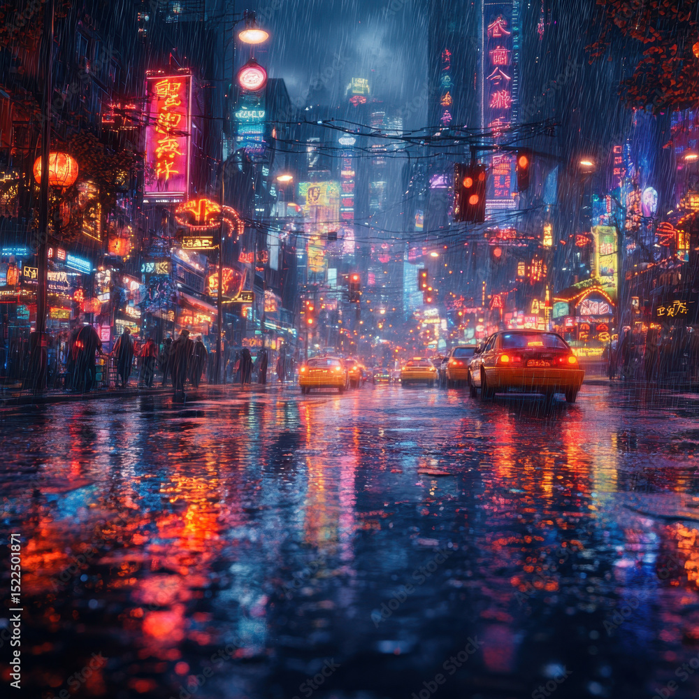 Fototapeta premium Rain falls on bustling city street.