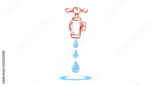 Minimal sketch-style illustration of red water tap dripping blue drops into a puddle symbolizing water conservation