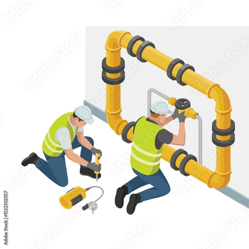 Isometric illustration of plumbers working on gas pipes repairing a gas system with tools and safety vests for maintenance in an industrial setting