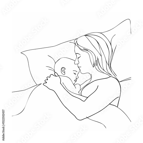 A tender moment: mother gently cuddling and embracing her sleeping baby with love and care