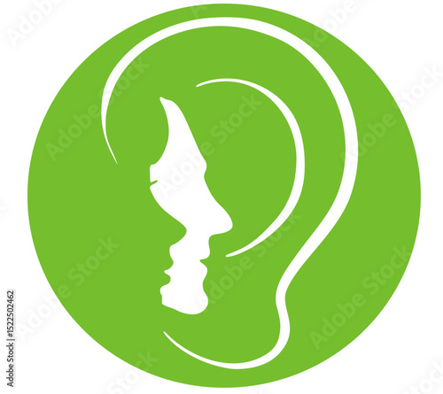 logo per centro per l'udito orechio e facce stilizzate dentro orecchio, il tutto dentro cerchio