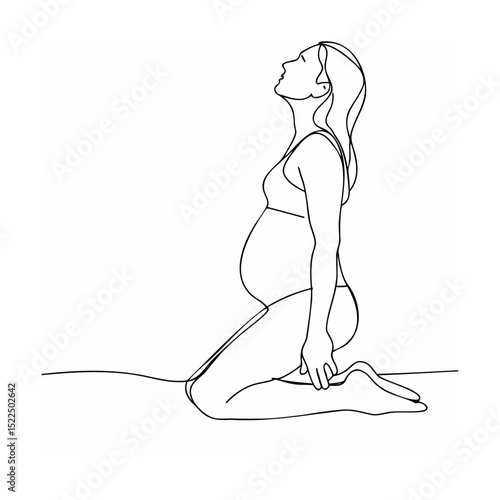 Minimalist line drawing of a pregnant woman kneeling looking upwards with serene expression