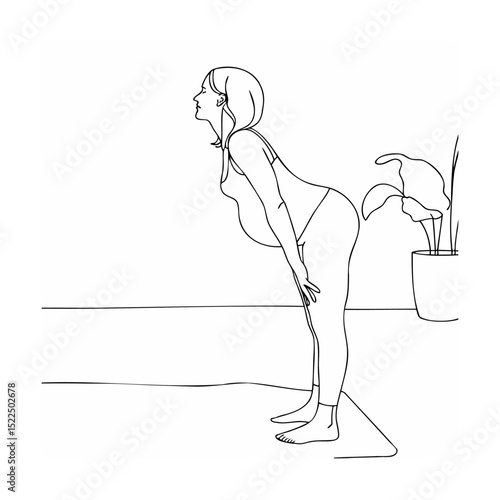 Pregnant woman performing a yoga exercise in side profile with plant illustration
