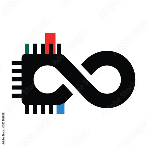 Black Infinity Symbol Connected to a Stylized Microchip with Colorful Accents