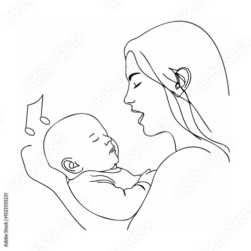 Simple black line drawing of a mother singing to her sleeping baby lullaby vector illustration