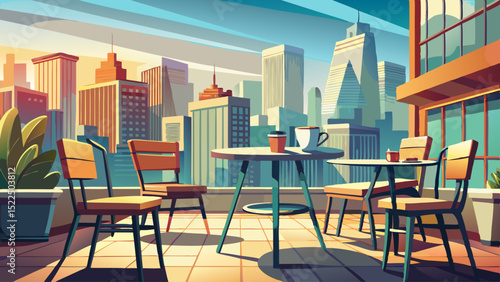 Chairs and tables arranged neatly on a rooftop café. The urban skyline gleams in sunlight. A close-up cup of coffee sits beside serenity, elevation, breeze, city, and peace.

Keywords: café, rooftop, 