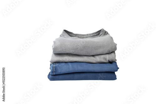 Neatly folded stack of grey t-shirts and blue jeans, ready for storage. background removed