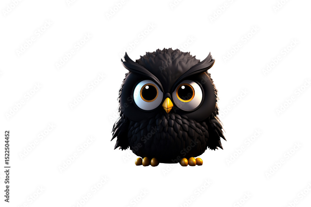 Obraz premium Adorable black cartoon owl with big eyes, fluffy feathers, and golden feet. background removed