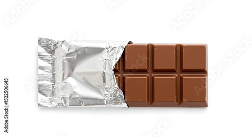 Chocolate Bar Partially Unwrapped Showing Brown Squares on White Background