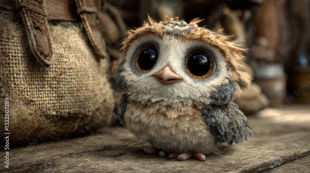 Obraz premium Cute owl with brown and white feathers standing near burlap