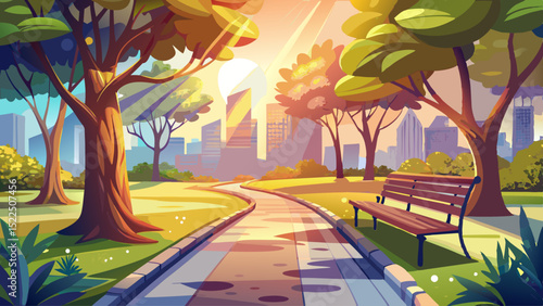 Sunlight breaks through city trees. A winding path invites walkers. In close-up, dew on benches and leaves sparkles. Calm, nature, contrast, road, and urban charm merge beautifully.

Keywords: path, m