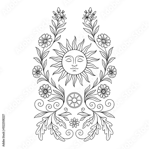 Litha-Symbol mit Sonne, Blumen und Eichenlaub. Spirituelle Vektor Ausmalvorlage zur Sommersonnenwende im Tattoo-Stil, perfekt für Mittsommer-Rituale.