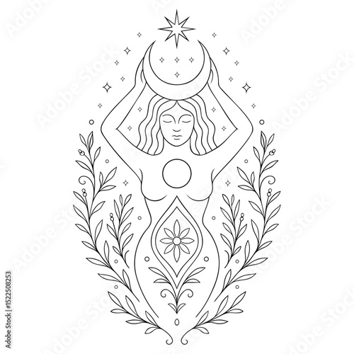 Sonnengöttin mit Halbmond, Stern und Pflanzen. Spirituelles Vektor Ausmalbild zur Sommersonnenwende (Litha) im modernen, symbolischen Lineart-Stil.