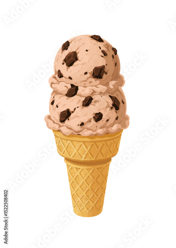 Coffee chocolate chip ice cream cone vector illustration with waffle cone and creamy scoop isolated on white background sweet frozen dessert design