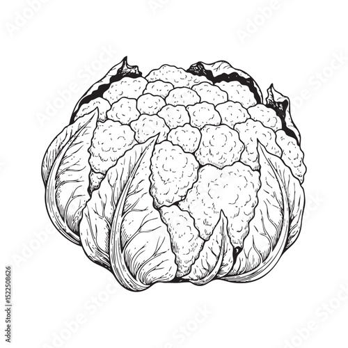 Cauliflower Vegetable Doodle Illustration – Hand-Drawn Black and White Line Art on Transparent Background
