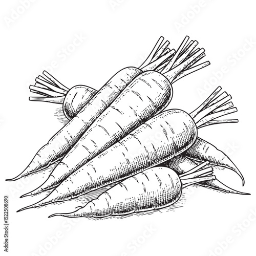 Carrots Doodle Illustration – Hand-Drawn Black and White Line Art on Transparent Background