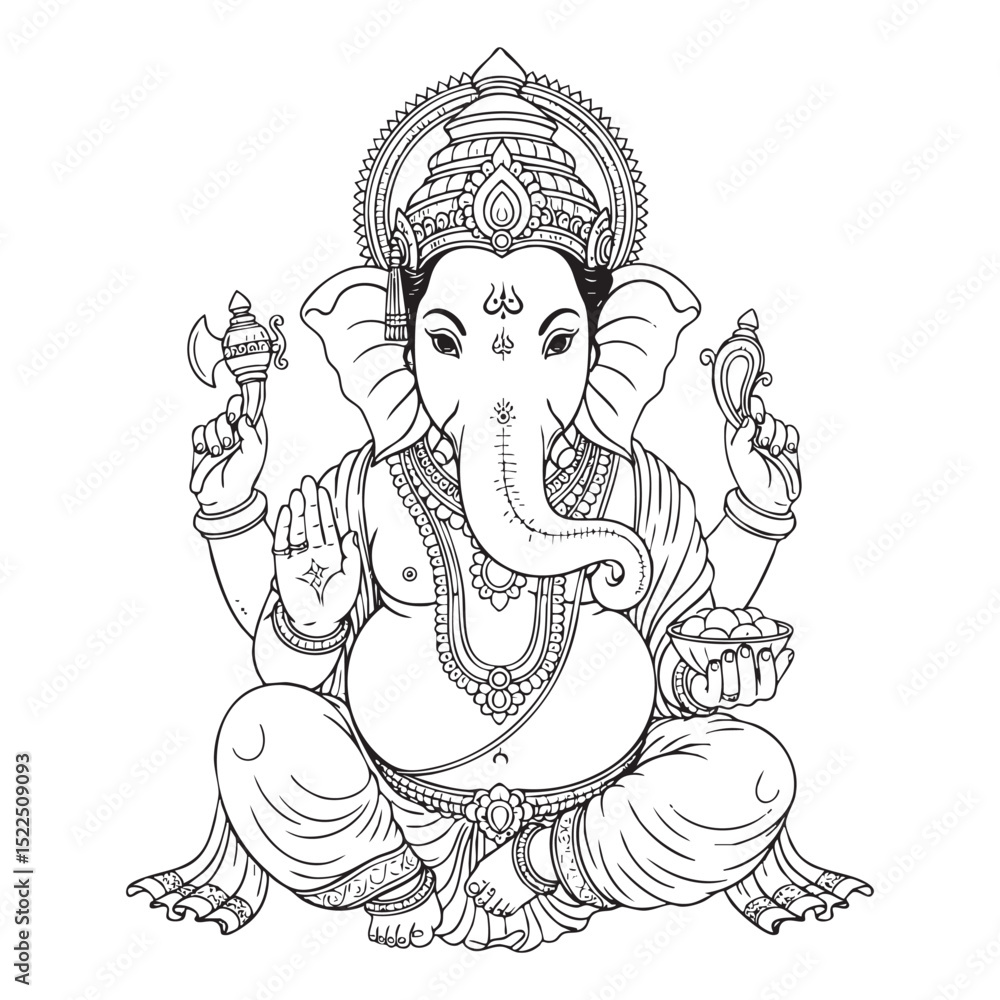 Fototapeta premium Lord Ganesh Doodle Illustration – Hand-Drawn Black and White Line Art on Transparent Background