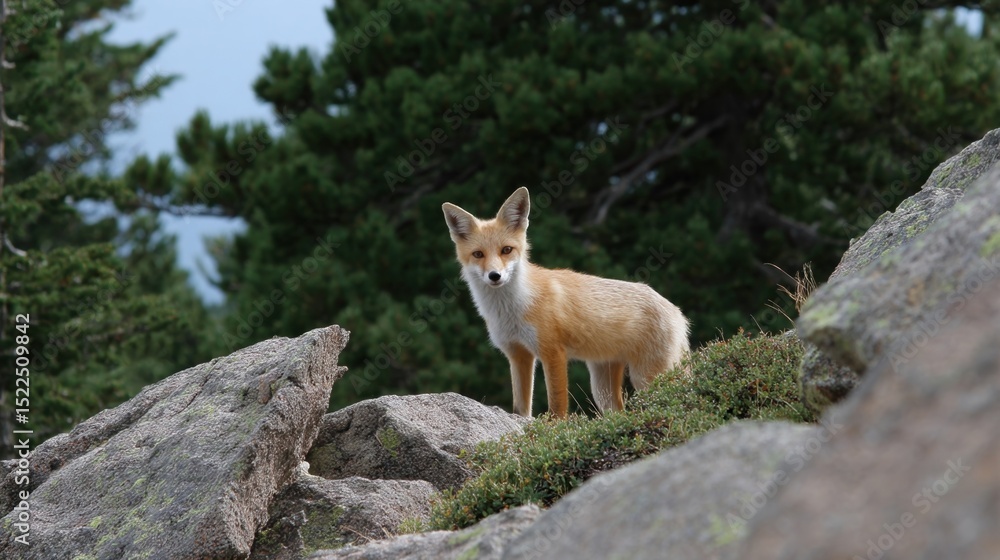 Fototapeta premium Wild red fox standing on rocky terrain in a mountainous area, surrounded by trees, creating an enchanting wildlife scene full of natural beauty and vibrant colors