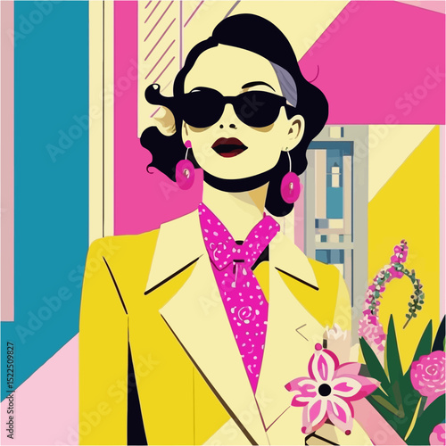 Elegant Woman With Sunglasses And A Yellow Blazer In A Pop Art Style Illustration Flowers Decorate