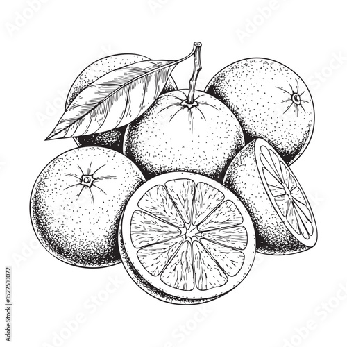 Orange fruits Doodle Illustration – Hand-Drawn Black and White Line Art on Transparent Background