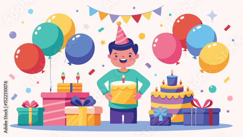 Happy Birthday Boy with Cakes, Presents, Balloons, Pennant Banner, and Confetti Illustration
