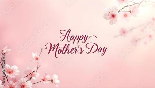Happy mother's day lettering greeting card with blooming cherry branches isolated on gradient pink background.