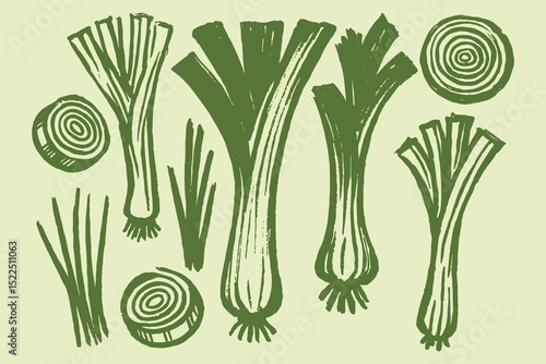 Leek vegetables set naive sketch vector illustration