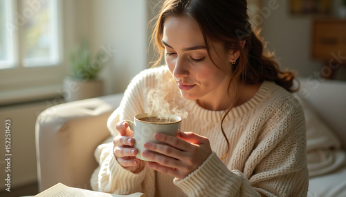 Sunlit woman in cozy sweater enjoying steaming beverage at home.