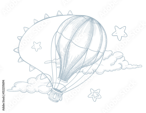 Vector drawing of hot air Balloon among clouds and stars with garlands. Linear illustration of aircraft for nursery posters or Baby shower invitations. Etching of aerostat for childish greeting cards.