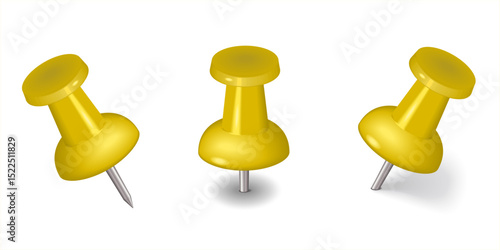 The yellow Colorful thumbtack. Glossy plastic pin tacks set. Yellow pushpin icon isolated on white. Pins tacks. Realistic pushpins. Vector 3d illustration. Office stationery.	