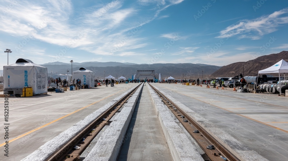 Naklejka premium Engineers and construction workers are building a hyperloop test track in a desert environment, showcasing the innovative transportation technology and its potential for high speed travel