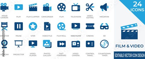 A modern and vector icon set representing film and video production essentials, including movie cameras, directors, film reels, and video editing tools.