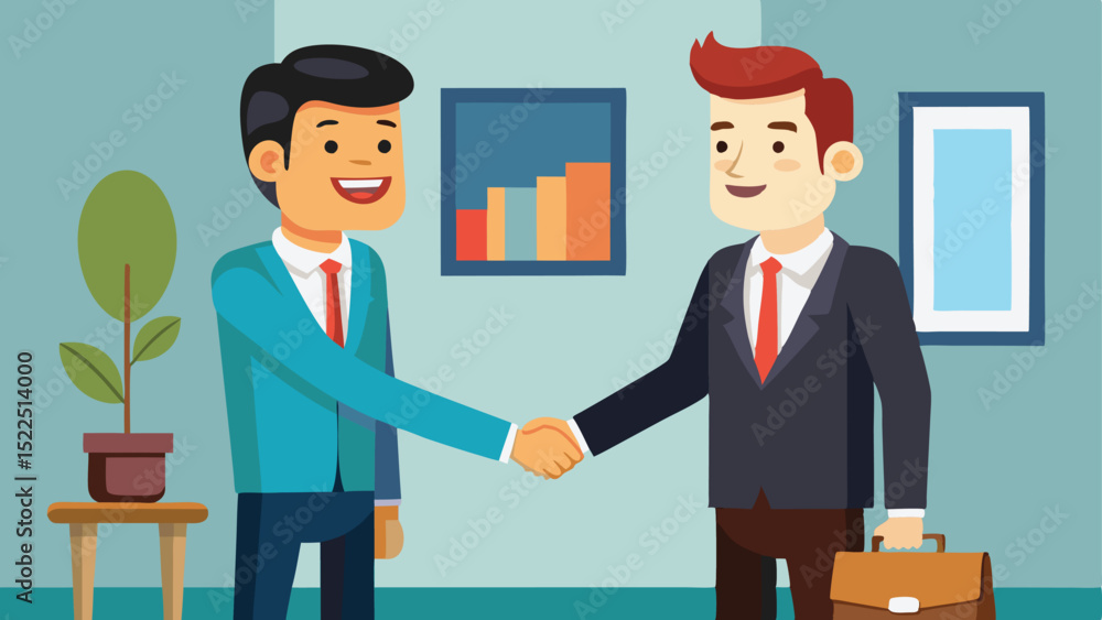 Obraz premium Two Cartoon Businessmen Shaking Hands in an Office with Plant and Pictures