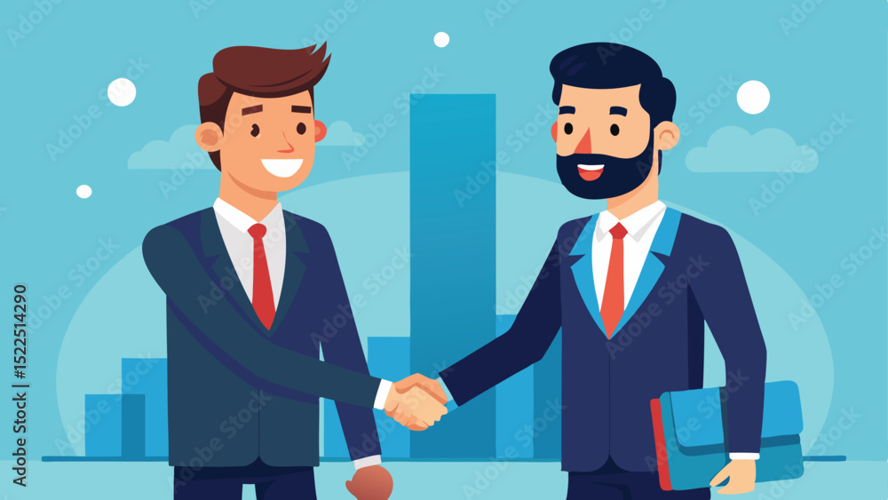 Cartoon of Two Smiling Businessmen Shaking Hands in Agreement with Graphs Background Cartoon of Two Smiling Businessmen Shaking Hands in Agreement with Graphs Background