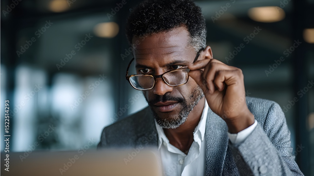 Obraz premium Focused man examines his laptop screen while holding glasses in a modern workspace environment
