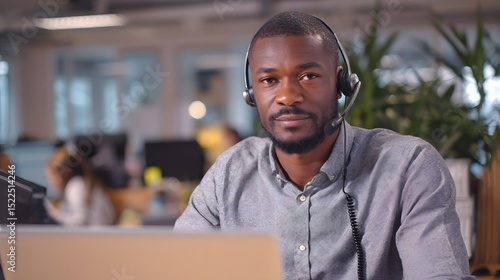 Focused Call Center Agent Wearing Headset in Modern Office Environment Engaged in Customer Service