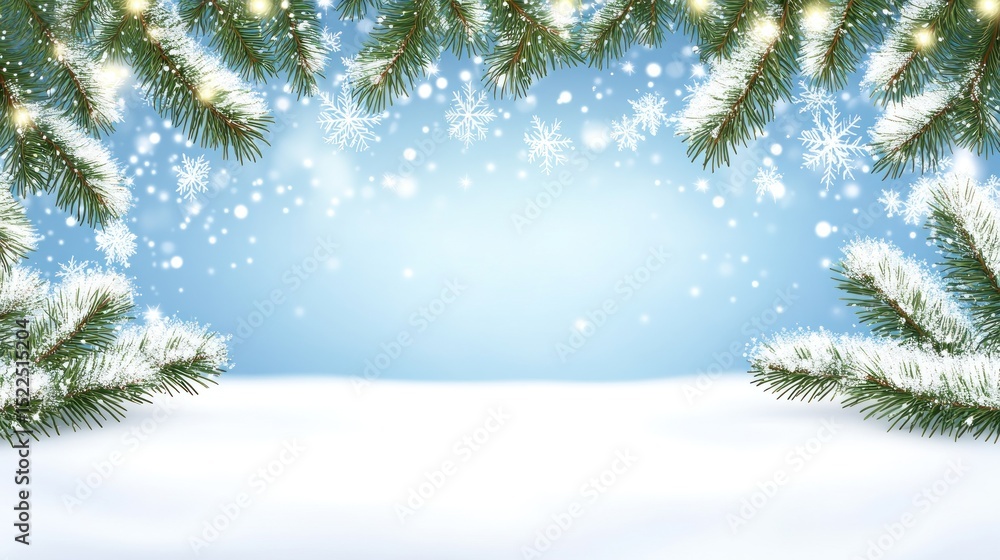 Winter wonderland scene with snowy pine branches. Winter wonderland scene with snowy pine branches.