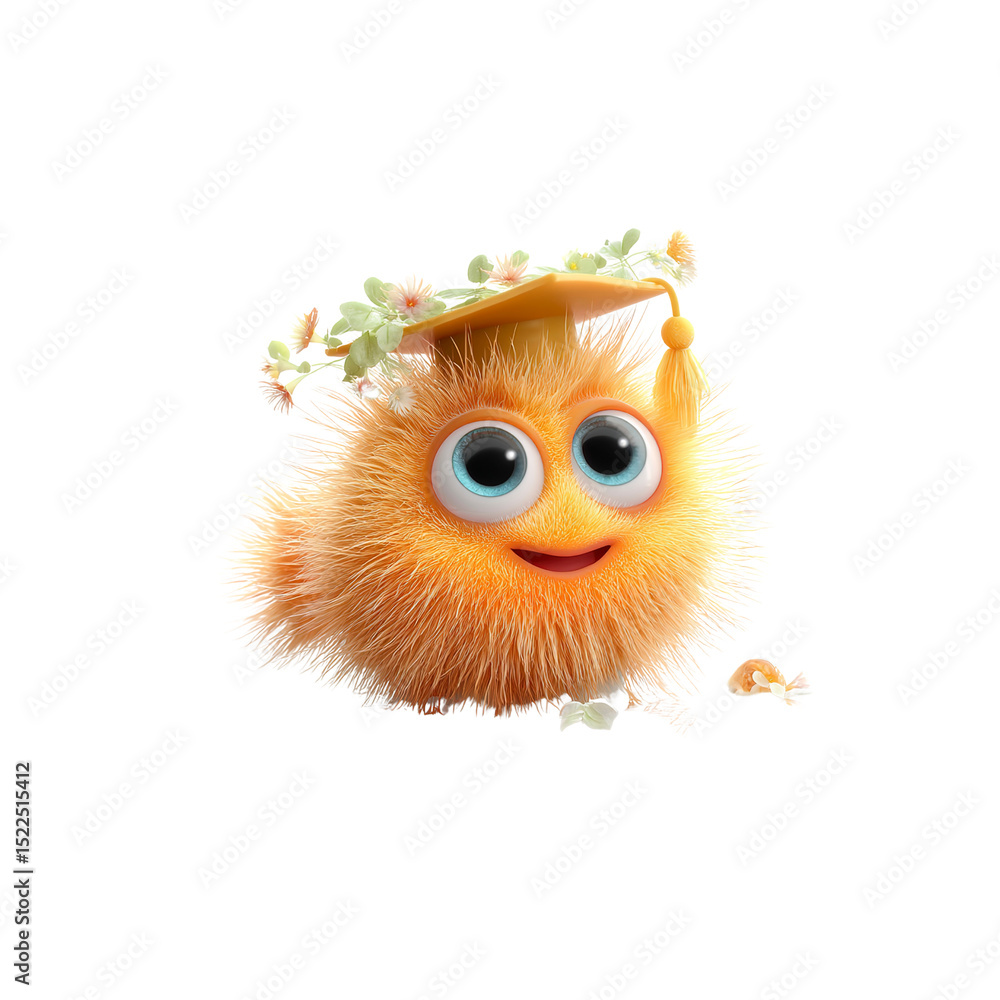 Obraz premium Adorable Orange Fuzzy Creature in Graduation Cap with Flower Wreath