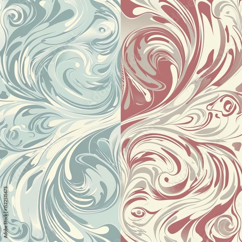 A symmetrical image split vertically, featuring swirling, stylized patterns in blue/ivory and red/ivory color schemes.