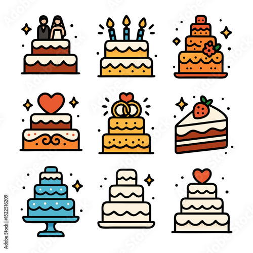 Wedding cake icons in nine colorful designs suitable for wedding websites, invitations, cards, and event planning projects. Ideal for graphic designers.