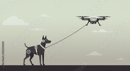 Illustration: A dog 'walks' a drone with a leash. Simple shapes/minimalist design, neutral tones, sky with clouds.