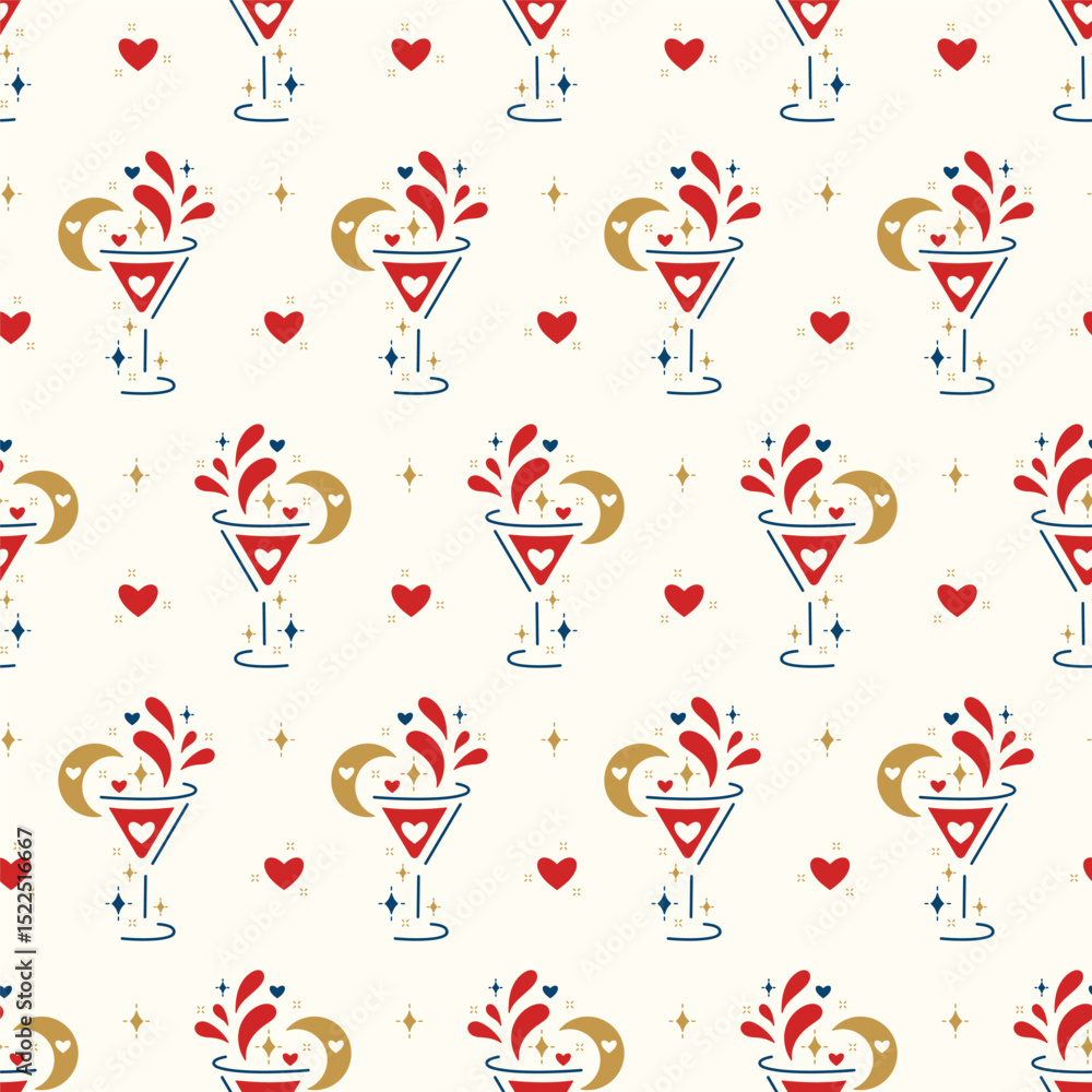 Wine Lover. Romantic Vector Seamless Pattern of Wine Glasses with Hearts, Wine Splashes, Moon Wine Lover. Romantic Vector Seamless Pattern of Wine Glasses with Hearts, Wine Splashes, Moon