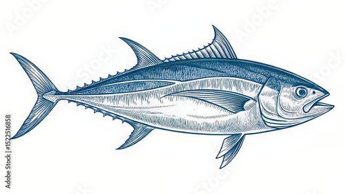 An etching-style tuna diagram in cobalt lines, designed to appear like a vintage marine biology print.