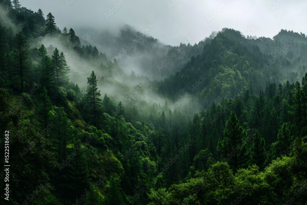 Fototapeta premium Top view of forest with layers of fog. Mountain background