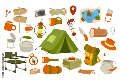 Camping Equipment Vector Illustration Set. Vector set with camping and hiking gear: tent, backpack, tools, food, and utensils. Flat cartoon illustration, isolated on white background.