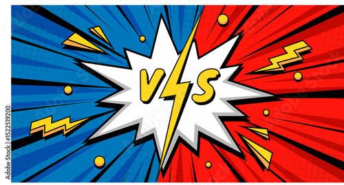 A vibrant comic-style "vs" background with bold red and blue color contrast, lightning bolts, and explosive effects. Perfect for illustrating competition, conflict, or dynamic matchups in pop art 