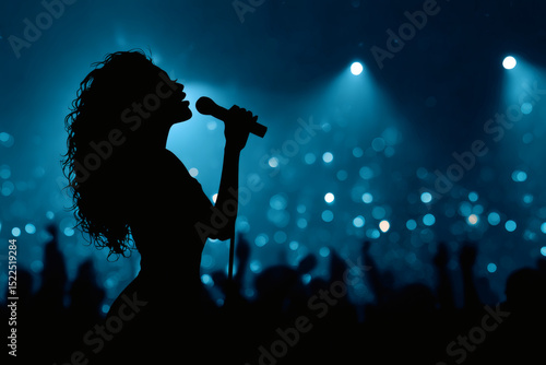 Silhouette of woman singing on stage with backlight