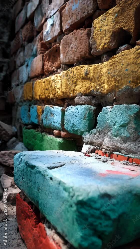 custom made wallpaper toronto digitalClose-up of a weathered brick wall with textured, colorful paint highlights and crumbling stone elements