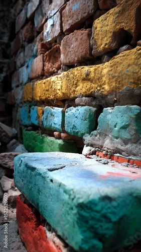Wallpaper Mural Close-up of a weathered brick wall with textured, colorful paint highlights and crumbling stone elements Torontodigital.ca